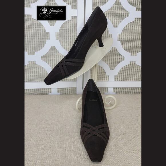 Stuart Weitzman Women's Brown Suede Criss Cross Toe Strap Kitten Heels - Picture 1 of 14